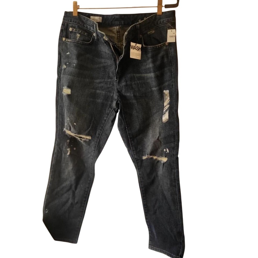 Gap 1969 Real Straight Mens Distressed Paint Splatter Dark Wash Jeans 32r NEW‎